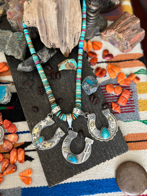 Kimari Somers Hand Stamped Sterling Silver Sonoran Desert Horseshoe Pendant with Brass & Royston Turquoise