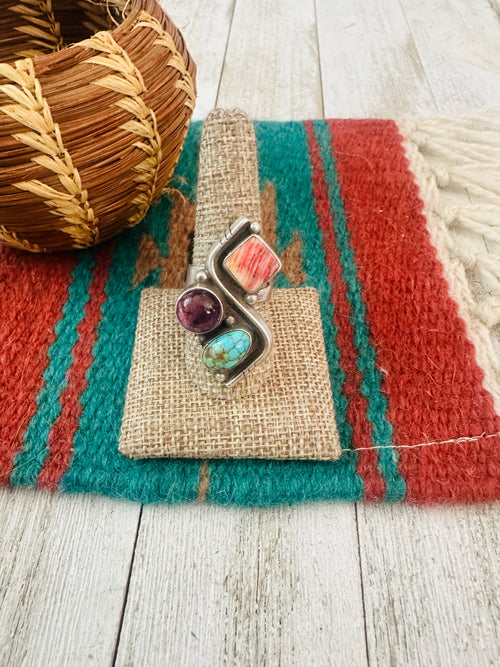 Handcrafted Old Pawn Sterling Silver, Turquoise, Spiny & Amethyst Adjustable Ring