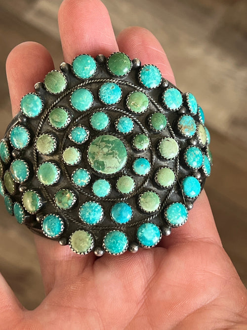 Handcrafted Vintage Sterling Silver and Fox Turquoise Cluster Cuff /