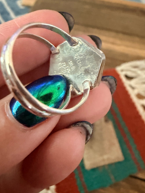 Old Pawn Handcrafted Turquoise, Onyx, Coral & Sterling Silver Inlay Sun Face Ring Size 8