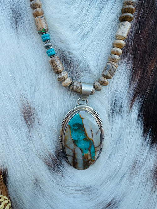 Old Pawn Handcrafted Turquoise, Jasper & Sterling Silver Beaded 16” Necklace