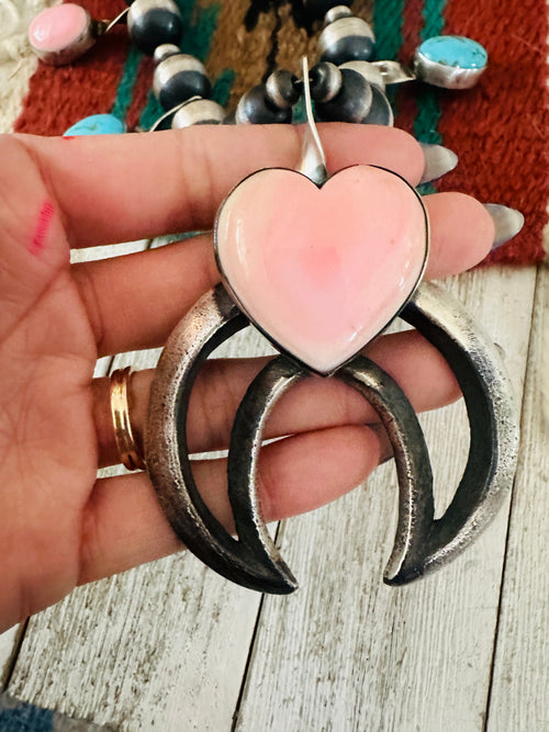 Handcrafted Queen Pink Conch, Turquoise & Sterling Silver Beaded Squash Blossom Necklace by Chimney Butte