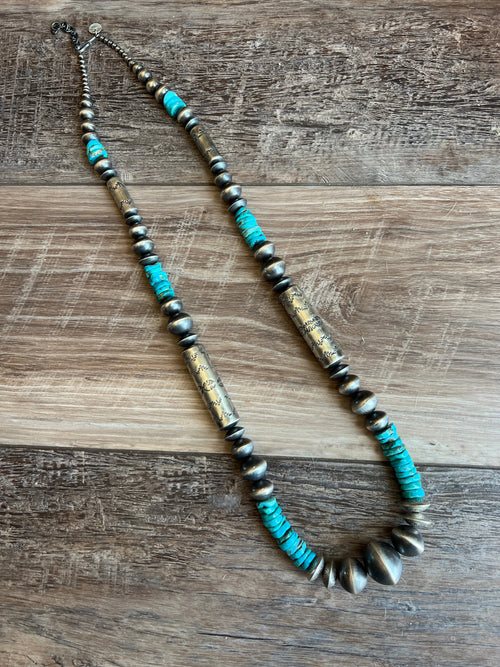 Navajo Sterling Silver and Kingman Turquoise Handmade Beaded Necklace by Rose Martin, 34 Inches