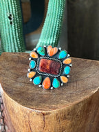 Navajo Electric Rainbow Turquoise and Spiny Oyster Ring by Angela Martin and Bernyse Chavez, Size 7.5-8