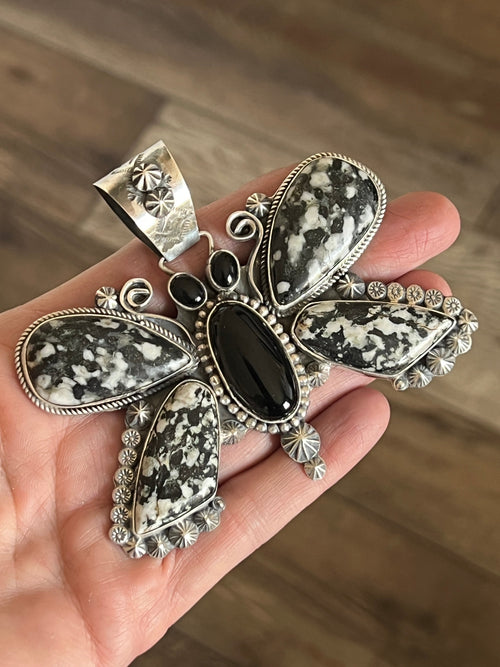 Apache Sterling Silver, White Buffalo and Black Onyx Butterfly Pendant by Rosella Paxson