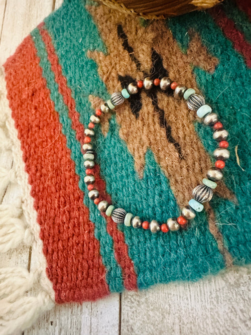 ** Christmas Collection ** Handmade Sterling Silver, Turquoise & Coral Beaded Bracelet