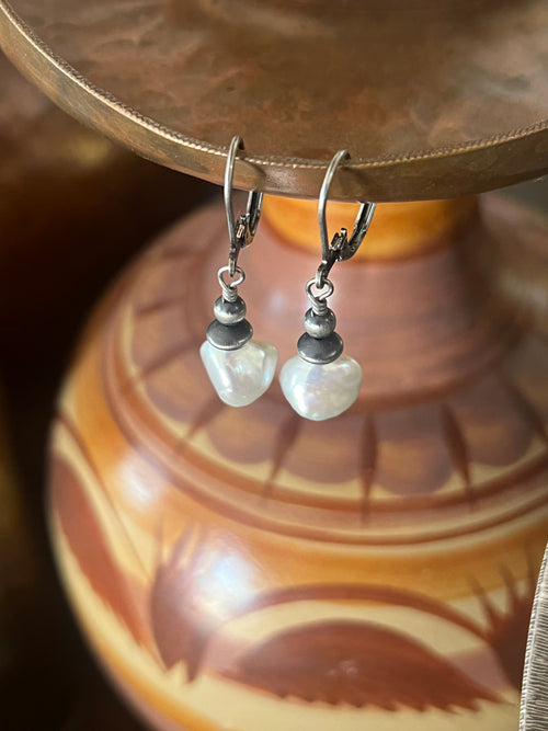 Navajo Made Summer Lovin’ Sterling Silver and Freshwater Pearl Bead Drop Earrings, Leverback