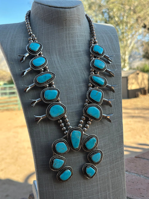 Estate Collection Old Pawn Turquoise & Sterling Silver Squash Blossom Necklace