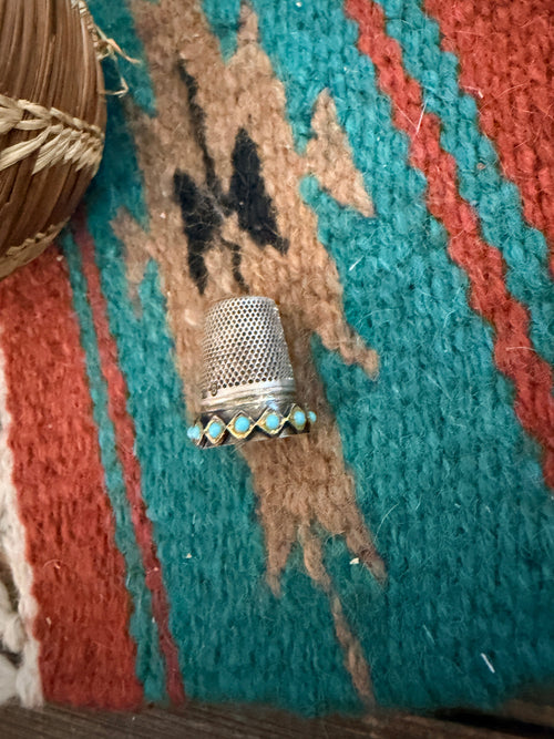 Handcrafted Vintage Old Pawn Sterling Silver and Turquoise Thimble