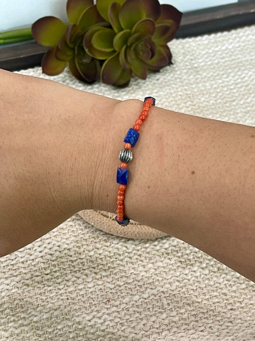 ** 4TH OF JULY ** Handmade Sterling Silver, Coral & Lapis Beaded Bracelet Signed Nizhoni