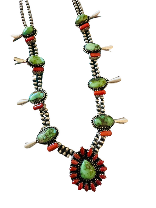 ** Christmas Collection ** Handmade Sterling Silver, Turquoise & Coral Necklace Signed Nizhoni