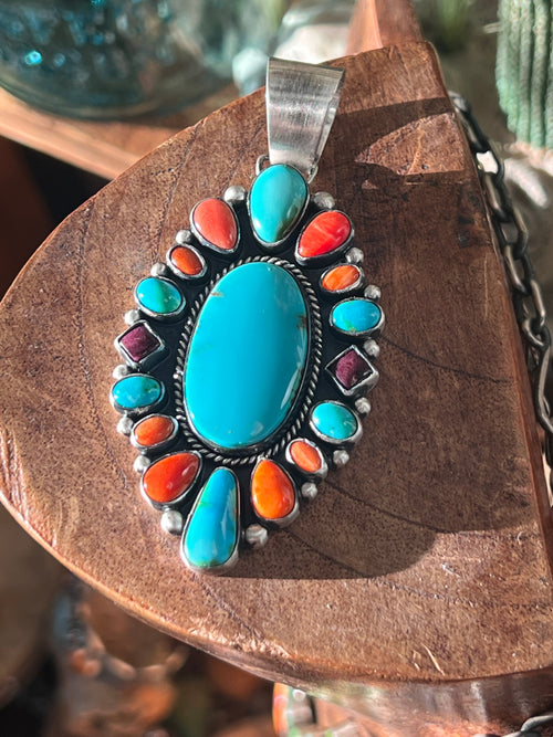 Handcrafted Electric Rainbow Turquoise and Spiny Oyster Pendant by Angela Martin
