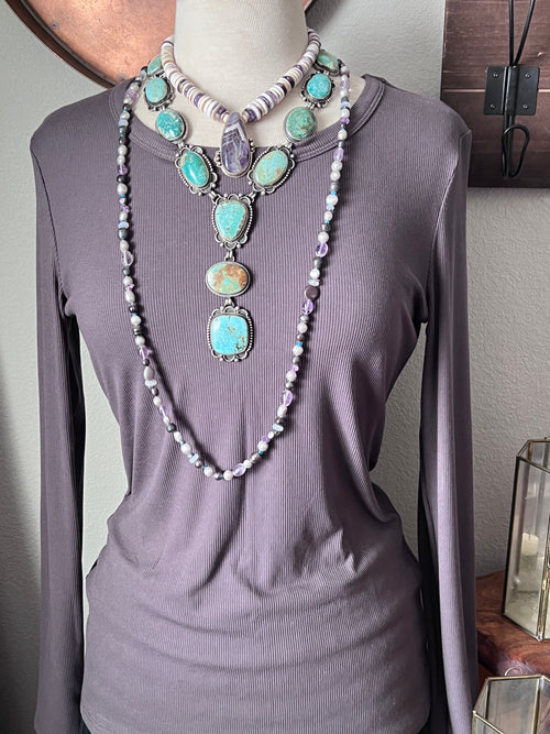 Tularosa Handcrafted Quahog Shell, Amethyst and Sterling Silver Beaded Necklace