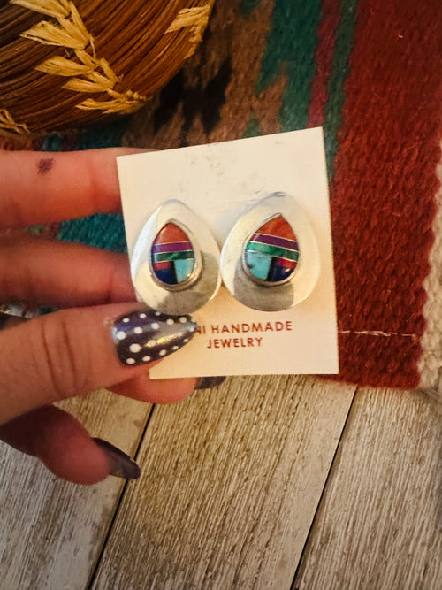 Handcrafted Old Pawn Sterling Silver & Multi Stone Clip On Earrings