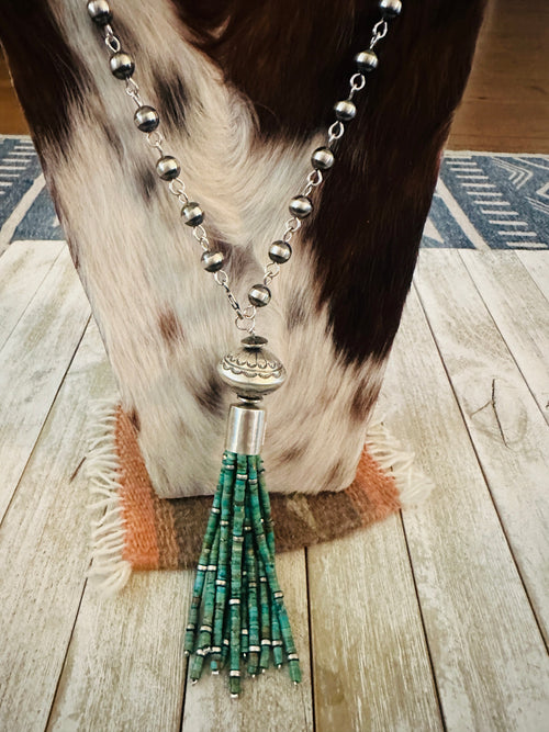 Navajo Turquoise & Sterling Silver Pearl Beaded Tassel Necklace