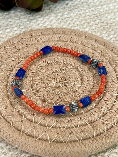 ** 4TH OF JULY ** Handmade Sterling Silver, Coral & Lapis Beaded Bracelet Signed Nizhoni