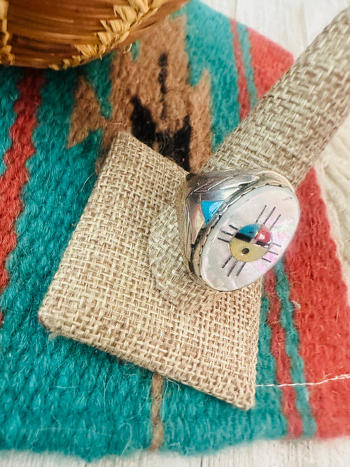 Handcrafted Old Pawn Sterling Silver & Multi Stone Inlay Sun Face Ring Size 11