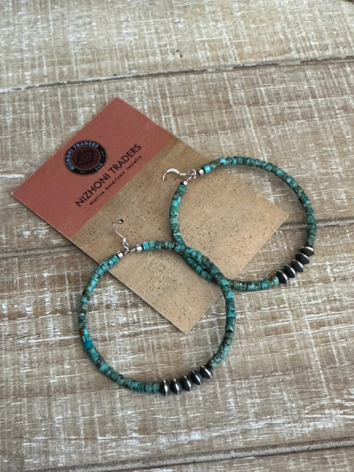 Handcrafted Sterling Silver and Royston Turquoise 2 inch Beaded Hoop Earrings