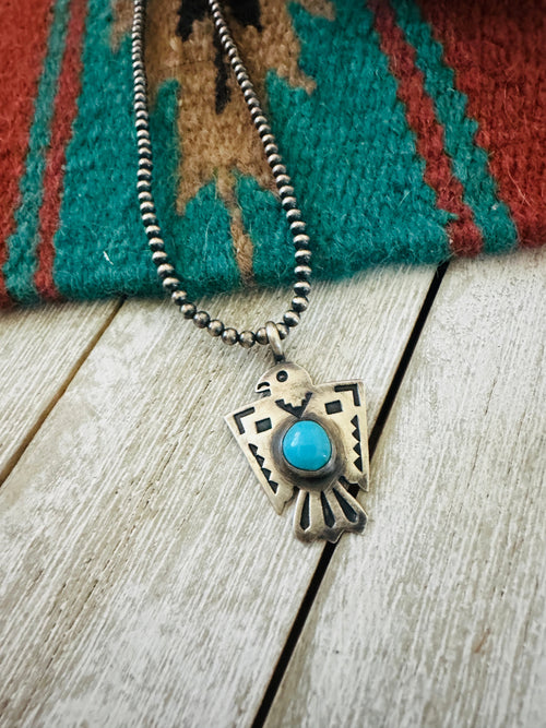 Handcrafted Turquoise & Sterling Silver Pearl Beaded Thunderbird Necklace