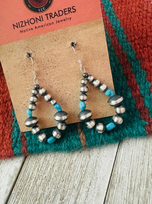 Handcrafted Turquoise & Sterling Silver Beaded Dangle Hoop Earrings