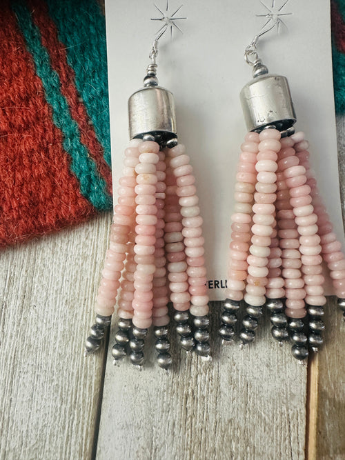 Navajo Queen Pink Conch & Sterling Silver Pearl Beaded Tassel Dangle Earrings