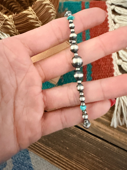 Handcrafted Turquoise & Sterling Silver Pearl Beaded Bracelet