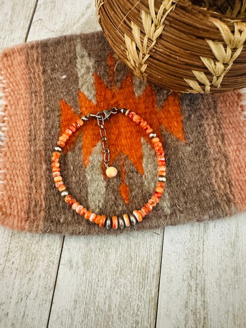 Navajo Sterling Silver Pearl & Spiny Oyster Beaded Bracelet