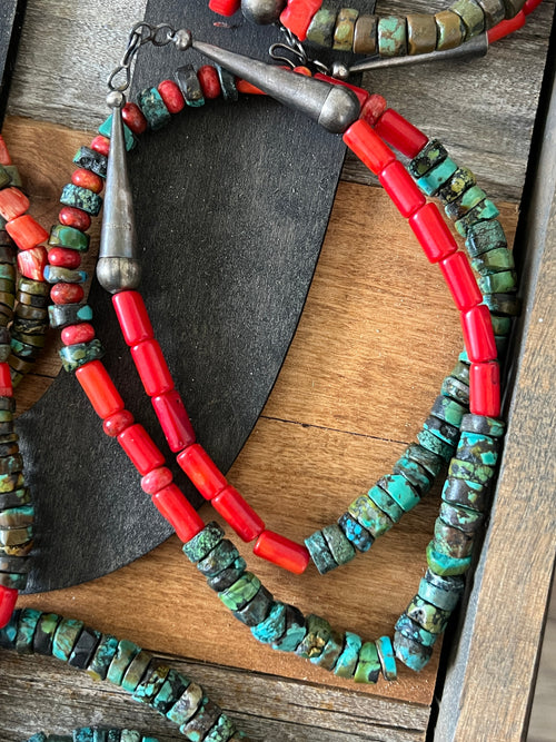 Navajo Hubei Turquoise Beaded Necklace with Sterling Silver and Bamboo Coral by Kirby Smith: 13 To Choose From!