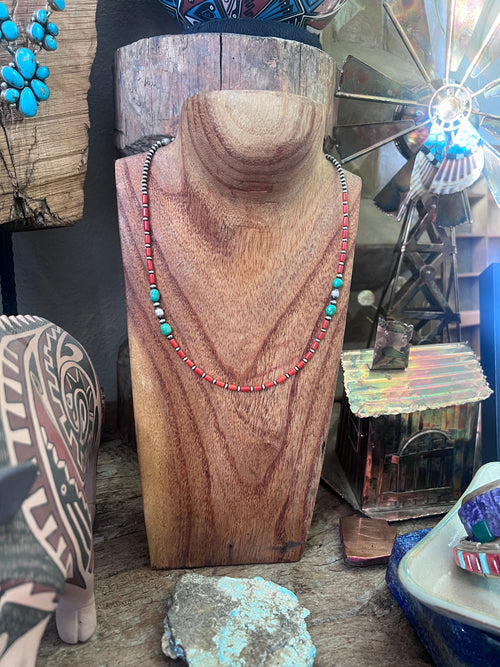 Bohemian Bliss Beaded Layering Necklace with Sterling Silver, Mediterranean Coral and Sonoran Gold Turquoise, 20” + 1-1/2”