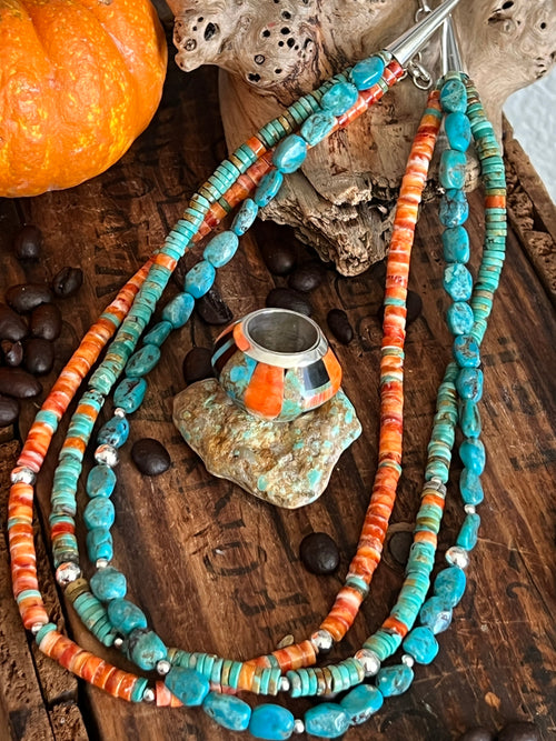 Daniel Coriz Triple Strand Spiny Oyster and Turquoise Beaded Necklace w/ Removable Sterling Silver & Stone Inlay Bead