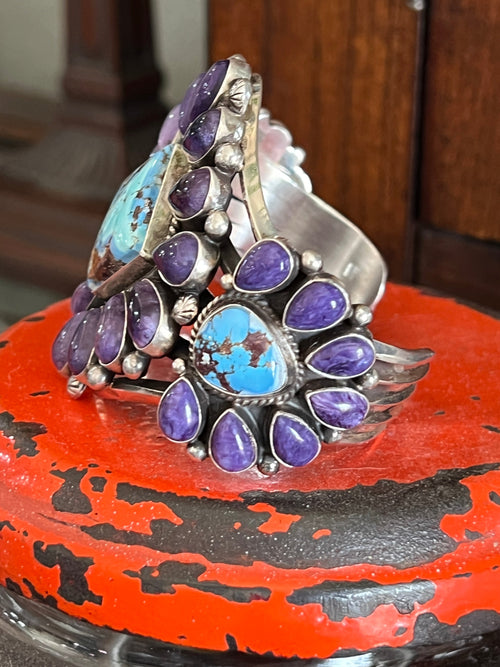 Handcrafted Sterling Silver, Charoite and Golden Hills Turquoise Cluster Cuff Bracelet by Tyler Brown /