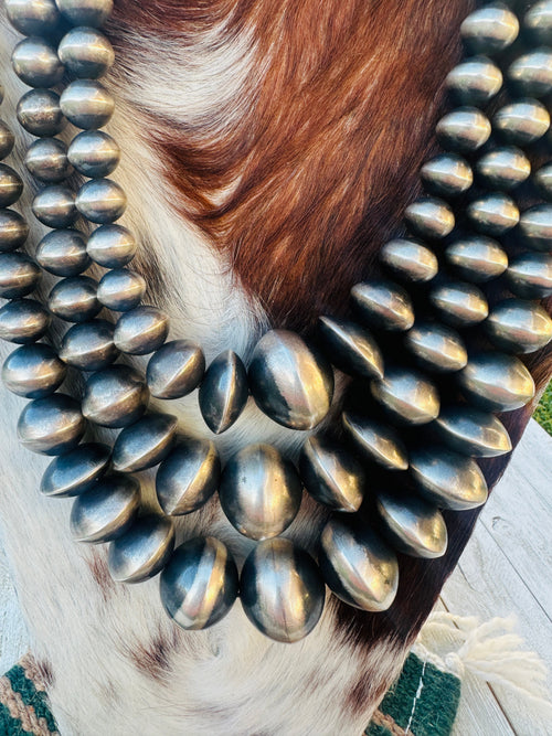 Handcrafted Triple Strand Sterling Silver Pearl Beaded Necklace by Rose Martin