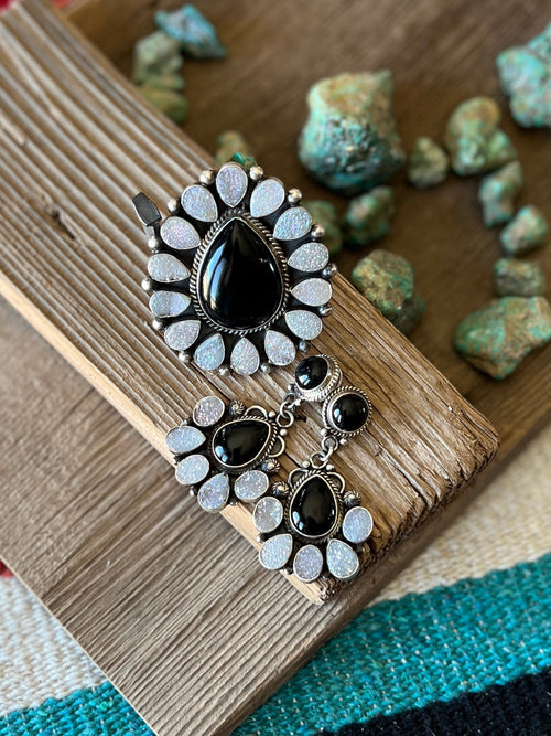 Navajo Sterling Silver, Black Onyx and Angel Aura Druzy Quartz Cluster Earrings by Tyler Brown
