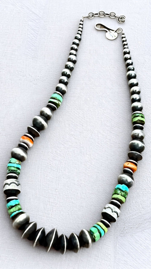 Navajo Made Electric Rainbow Sterling Silver, Turquoise and Spiny Oyster Single Strand Beaded Necklace by Rose Martin, 18 + 2 Inches