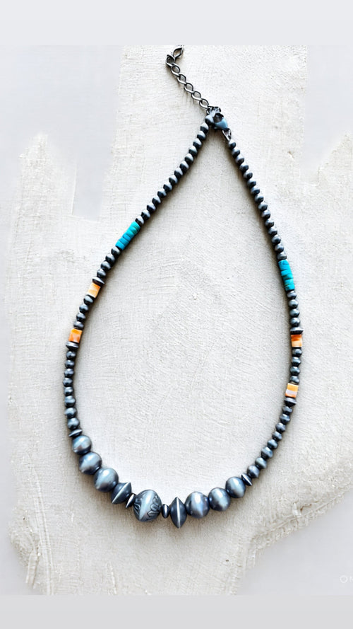 Summer Lovin’ Beaded Layering Necklace with Sterling Silver, Spiny Oyster Shell and Turquoise, 16” + 2”, The Flower Child