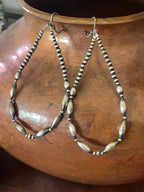 Navajo Made 4 Inch Sterling Silver Beaded Teardrop Hoop Earrings, Leverback