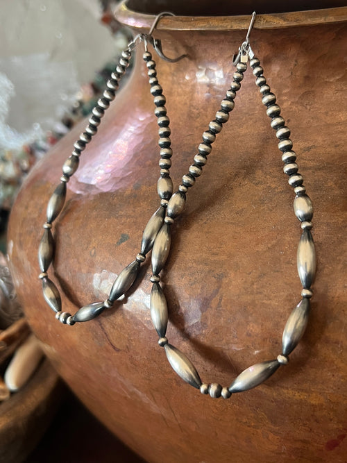 Navajo Made 4 Inch Sterling Silver Beaded Teardrop Hoop Earrings, Leverback