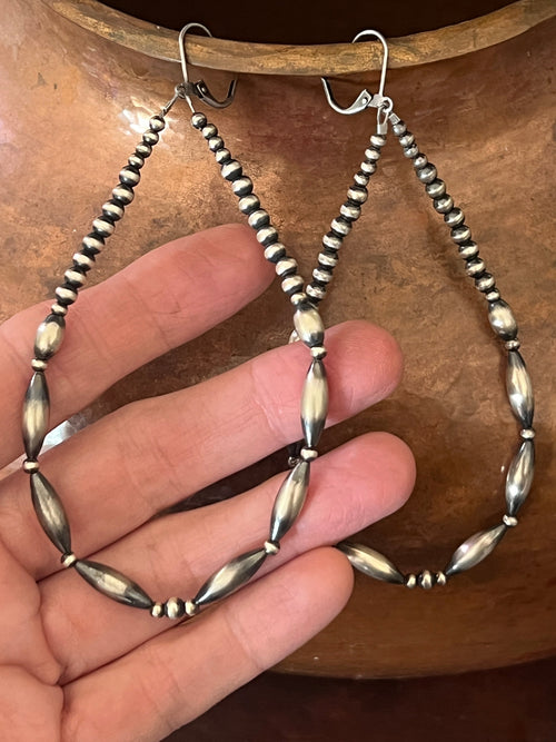 Navajo Made 4 Inch Sterling Silver Beaded Teardrop Hoop Earrings, Leverback