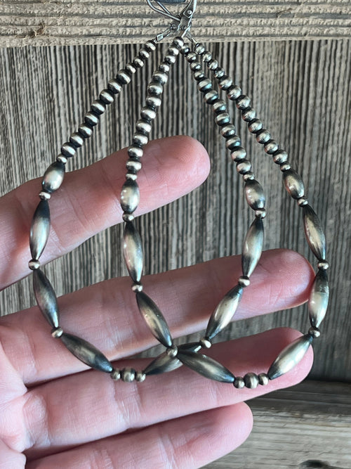 Navajo Made 4 Inch Sterling Silver Beaded Teardrop Hoop Earrings, Leverback