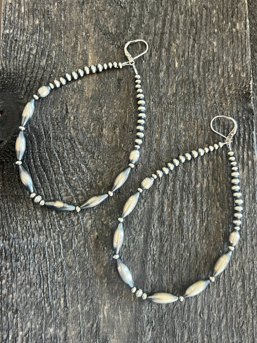 Navajo Made 4 Inch Sterling Silver Beaded Teardrop Hoop Earrings, Leverback