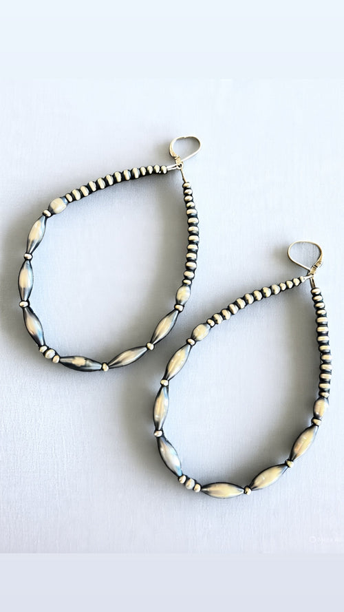 Navajo Made 4 Inch Sterling Silver Beaded Teardrop Hoop Earrings, Leverback