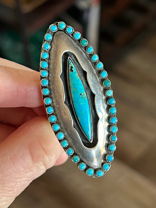 Old Pawn Sterling Silver and Turquoise Shadowbox Ring Signed LM