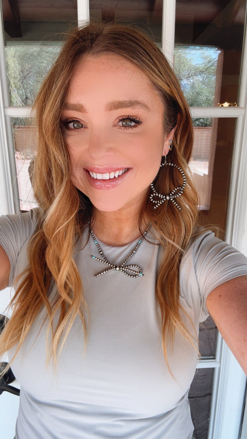 Handmade Sterling Silver 4mm Beaded Bow Tie Dangle round hoop Earrings