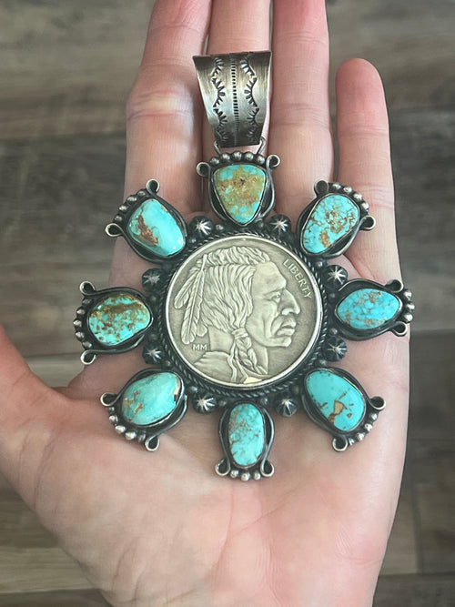 Rosella Paxson Natural Royston Turquoise and Fine Silver Indian Head Bullion Cluster Pendant