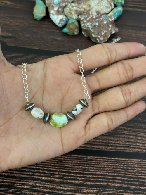 Handmade Sterling Silver Paloma, No.8, Sonoran, with White Buffalo Turquoise Necklace, Signed Nizhoni