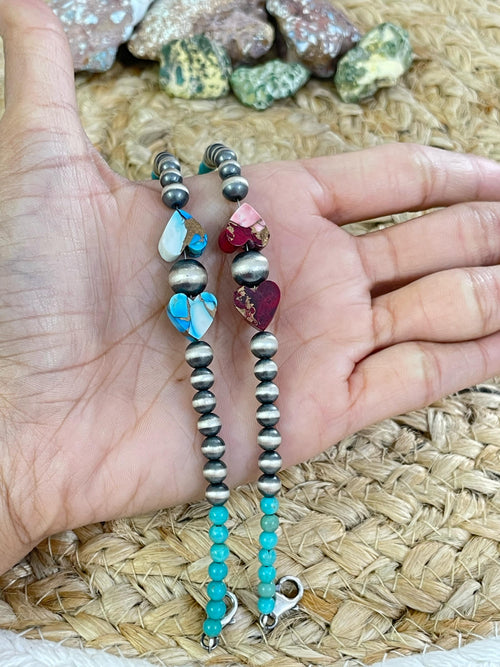 Handmade Sterling Silver Red Rose Dahlia, Cotton Candy, Honey Dahlia, Kingman, Kingman Ice Blue Beaded Bracelet with Signed Nizhoni