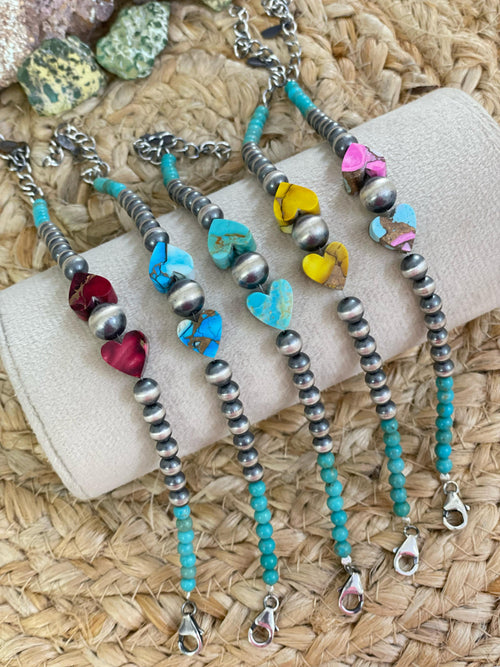 Handmade Sterling Silver Red Rose Dahlia, Cotton Candy, Honey Dahlia, Kingman, Kingman Ice Blue Beaded Bracelet with Signed Nizhoni