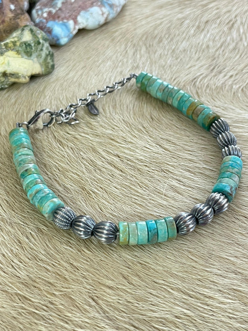 Handmade Sterling Silver Kingman Beaded Bracelet with Signed Nizhoni