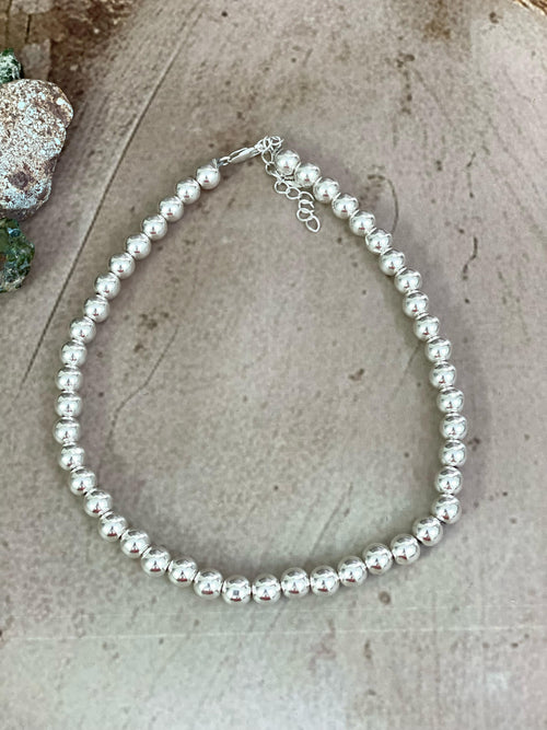 Handmade Sterling Silver 8MM + 2” Beaded Necklace with Signed Nizhoni