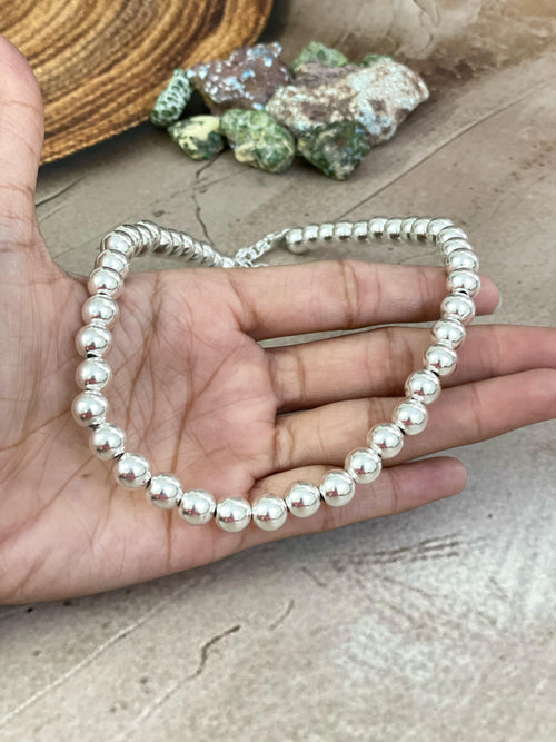 Handmade Sterling Silver 8MM + 2” Beaded Necklace with Signed Nizhoni